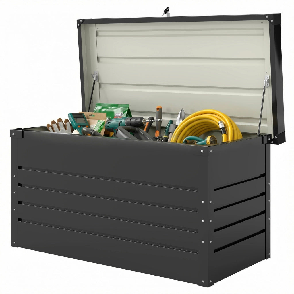 Box da giardino in metallo 350L ¨C Xylo ¨C doppia parete, coperchio impermeabile, chiusura, grigio 120x61x62cm