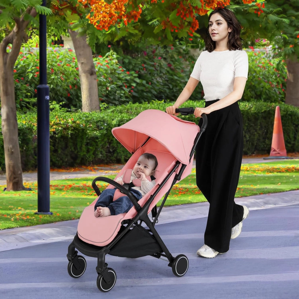 Passeggino Leggero Pieghevole per Bambini, Passeggiono Compatto con Schienale e Cappotta Regolabile, Cinture di Sicurezza a 5 Punti, Ruote con Freno, Fino a 15 kg (Rosa)