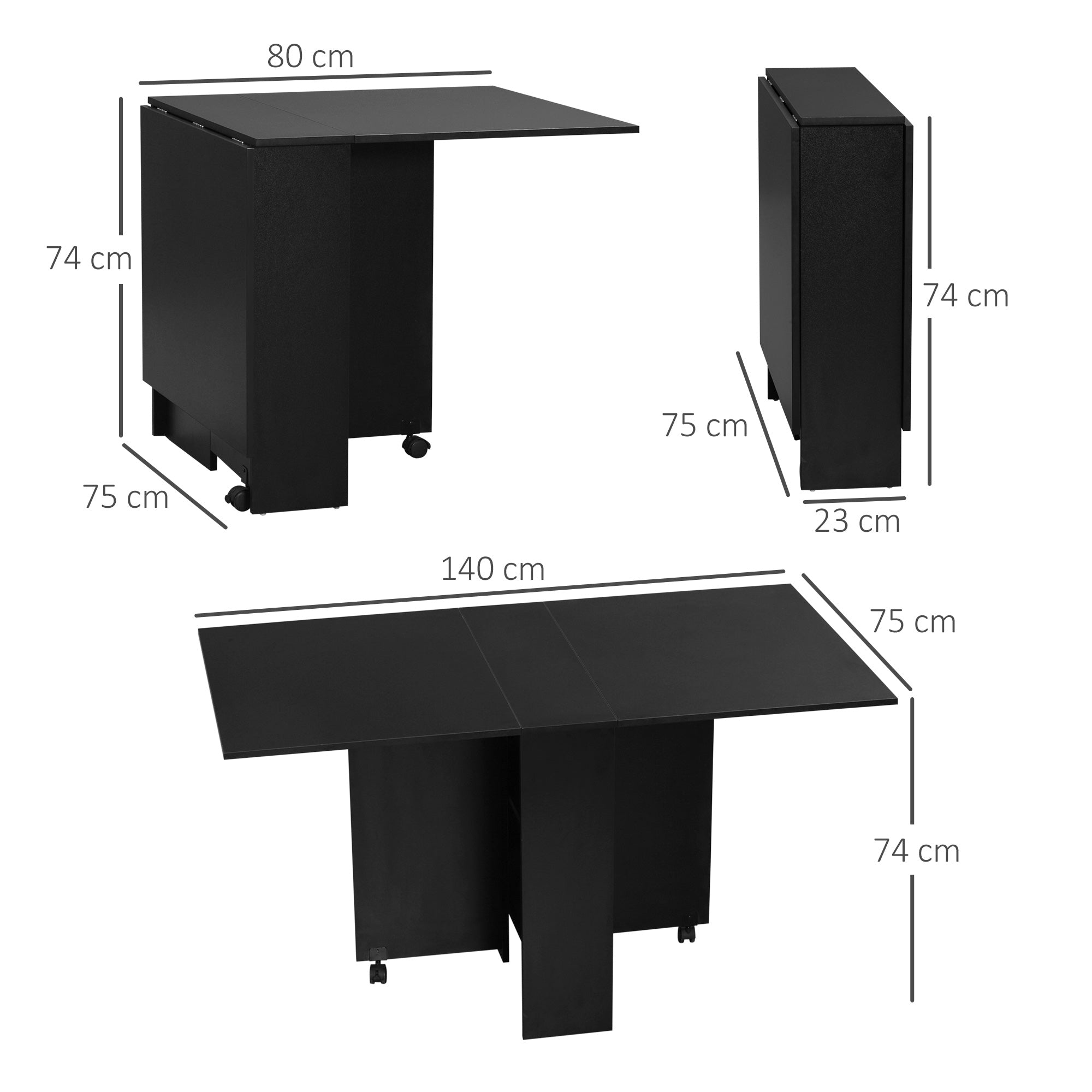 Tavolo Pieghevole Salvaspazio per 4-6 Persone con Ruote 75x140x74 cm in Legno Nero