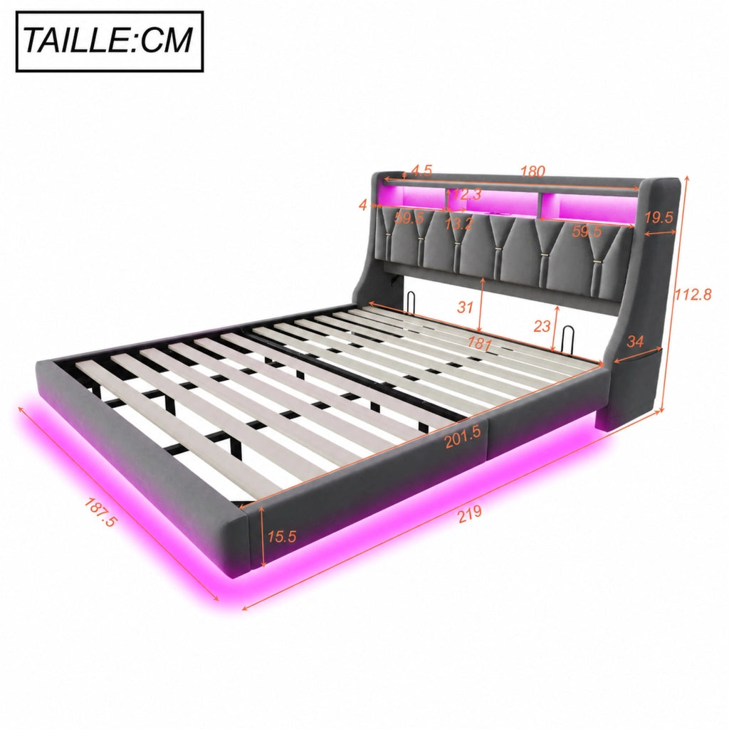 DESMIU Letto imbottito 180 × 200 cm 2 posti con USB, Type-C, LED e vani portaoggetti, senza materasso, grigio