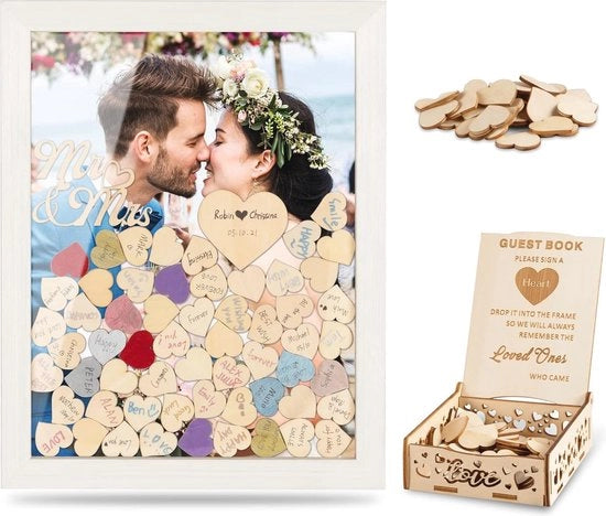 Quadro per Guestbook in Legno per Matrimoni con Cuori in Legno Bianco - Decorazione Rustica