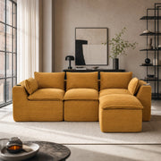 Divano modulare 3 posti con pouf in velluto a coste arancione HAVRYA