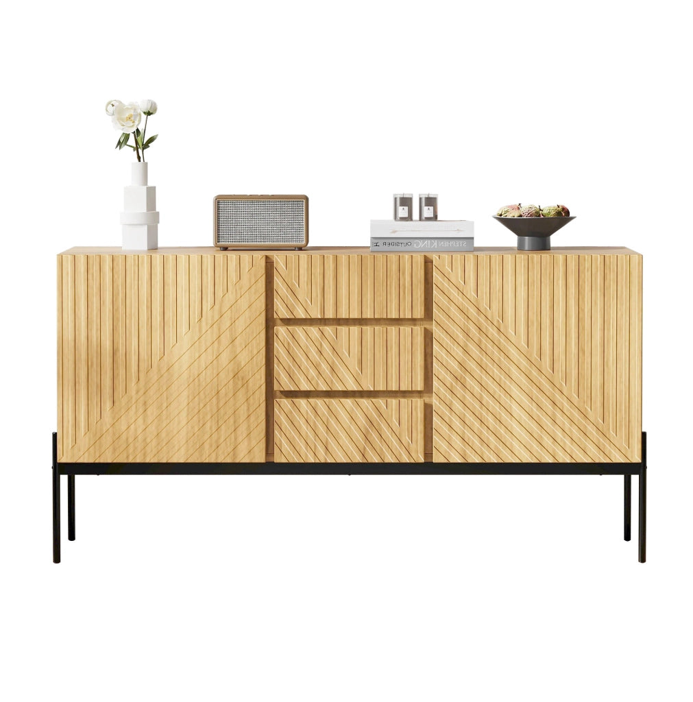 Credenza moderna 140 cm naturale con 2 ante, 3 cassetti e gambe in metallo