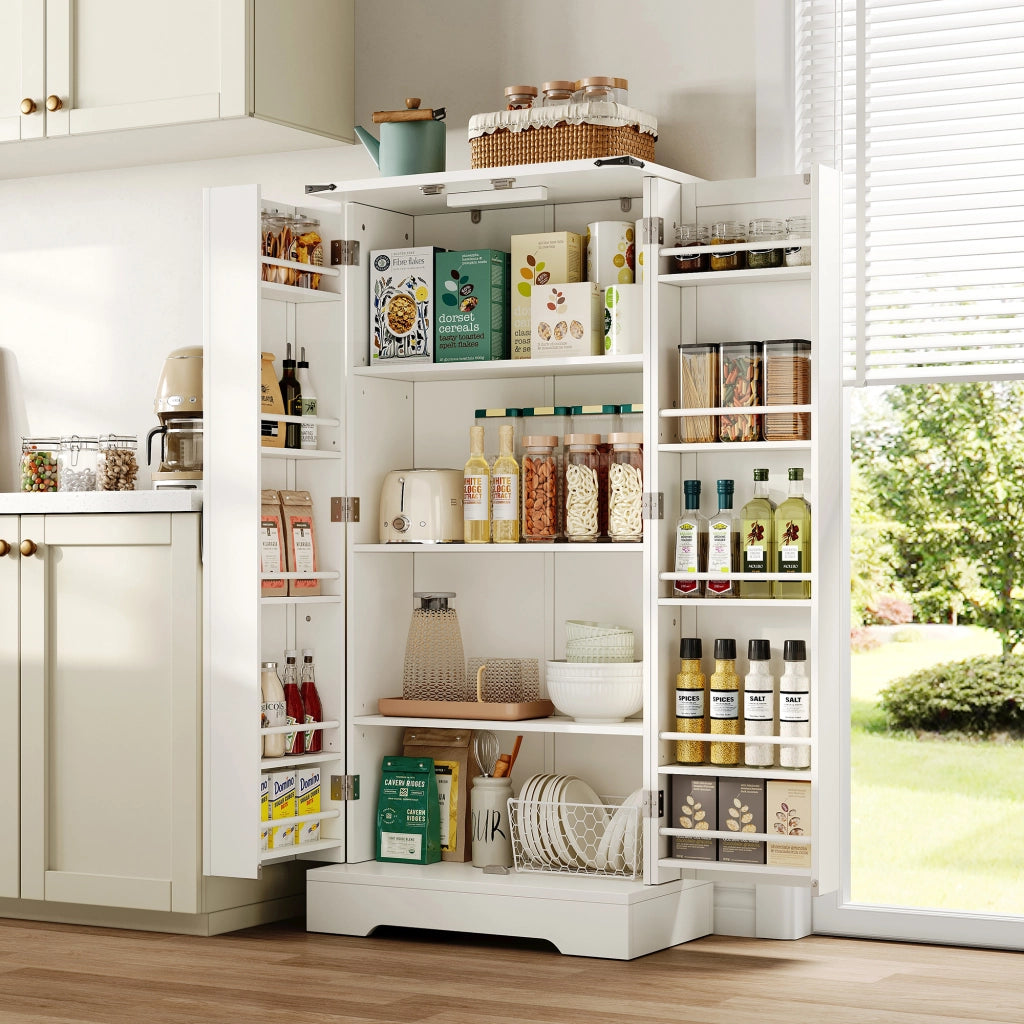 Credenza da cucina alta con 2 ante; ripiani regolabili e LED per cucina in MDF 60×35×128;5 cm Bianco