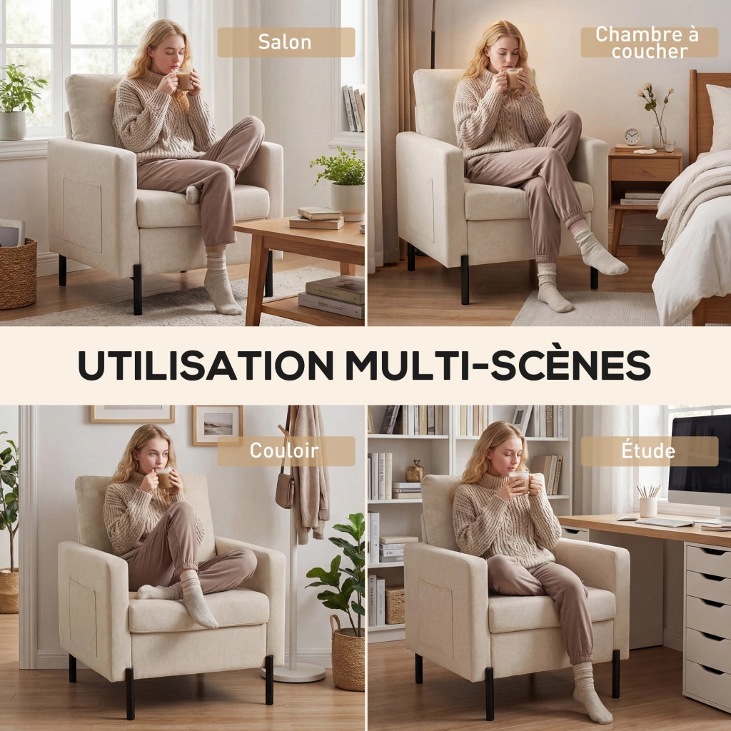 Poltrona imbottita ¨C Xylo ¨C tessuto beige con braccioli e gambe in metallo 73x77x87 cm
