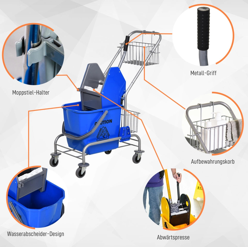 Carrello per pulizie blu 26 L con strizzatore, cestelli e ruote