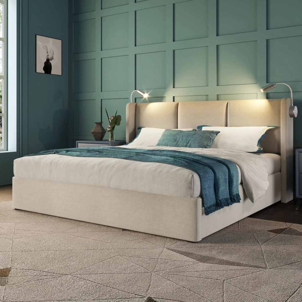 Letto matrimoniale 140x200 cm imbottito beige con contenitore; luce da lettura e USB