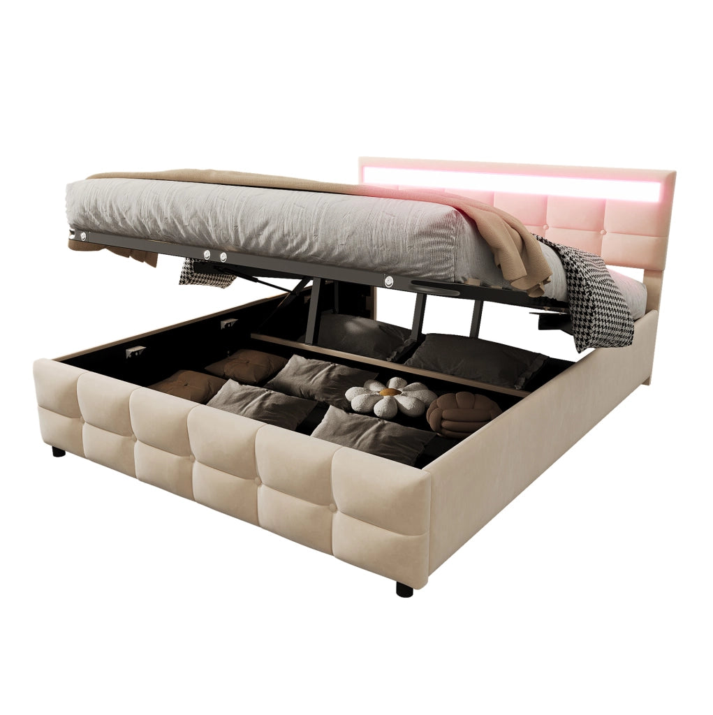 Letto imbottito 180x200 cm con LED; contenitore idraulico e rete a doghe; beige