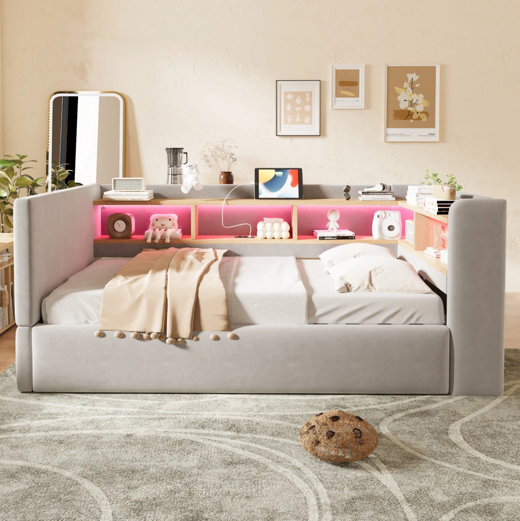 Divano letto imbottito 90x190 cm con contenitore idraulico; LED e prese; grigio chiaro