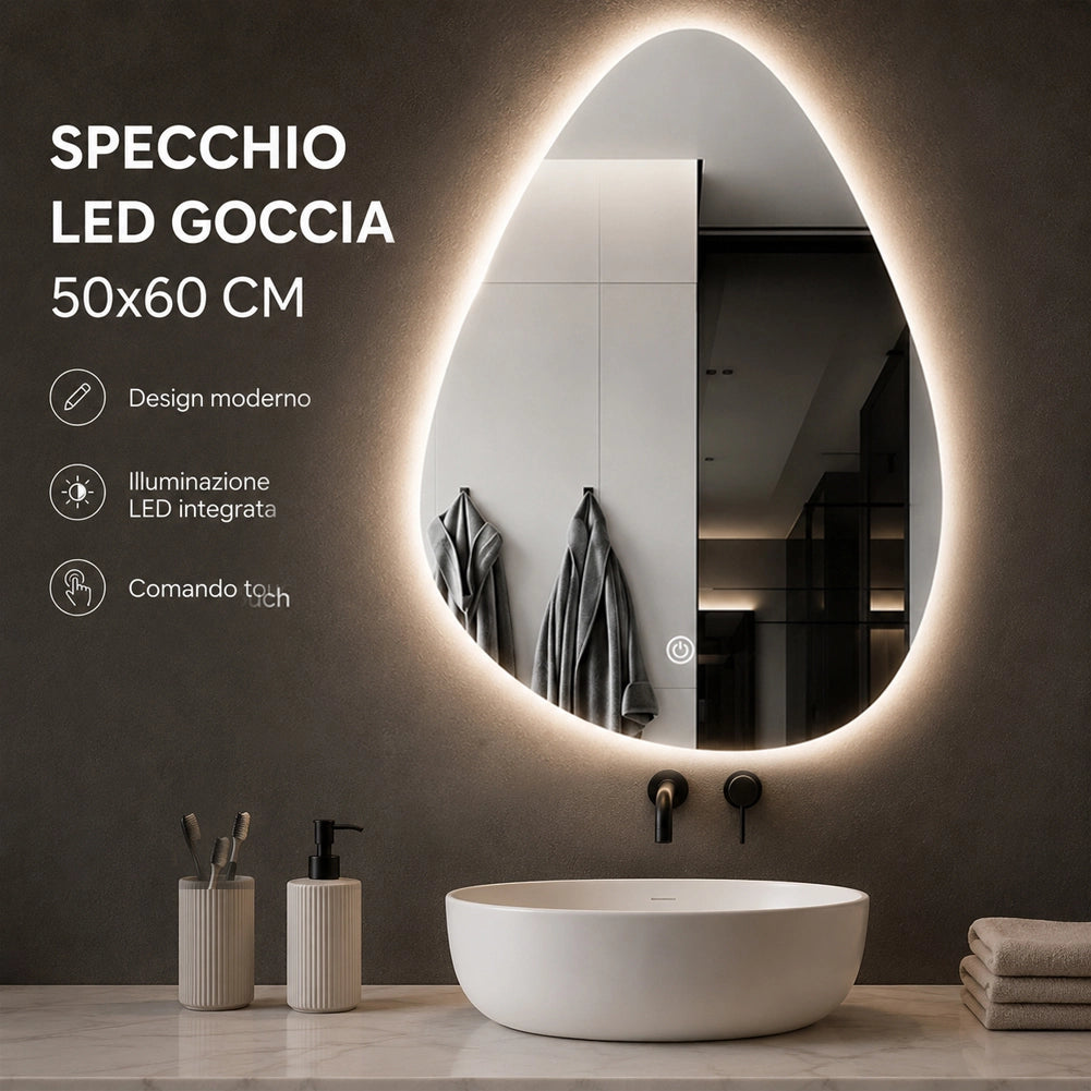 Specchio a Goccia Diametro 60x70 cm Led a 3 Colori Dimmerabile Accensione Touch