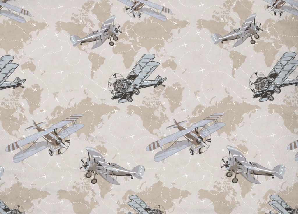 Telo Arredo Multiuso Linea Pensieri Delicati In Cotone Disegno Aerei Beige - Matrimoniale - Beige