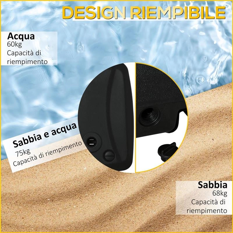 BASE PER OMBRELLONE A BRACCIO RIEMPIBILE FINO A 75 KG CON BASE A T INCLUSA 80X60X17 CM NERO