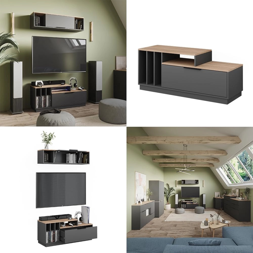 Lavagna Betti, Antracite/Sonoma, 120 x 49.9 cm con 1 porta, adatto per TV fino a 55 pollici e accessori multimediali