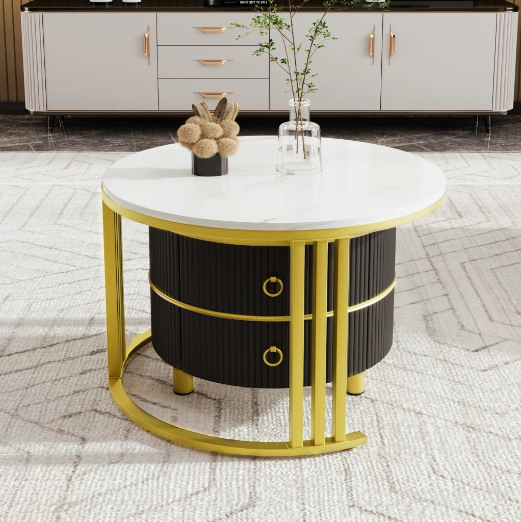 Set di 2 tavolini rotondi da salotto neri e oro con 2 cassetti