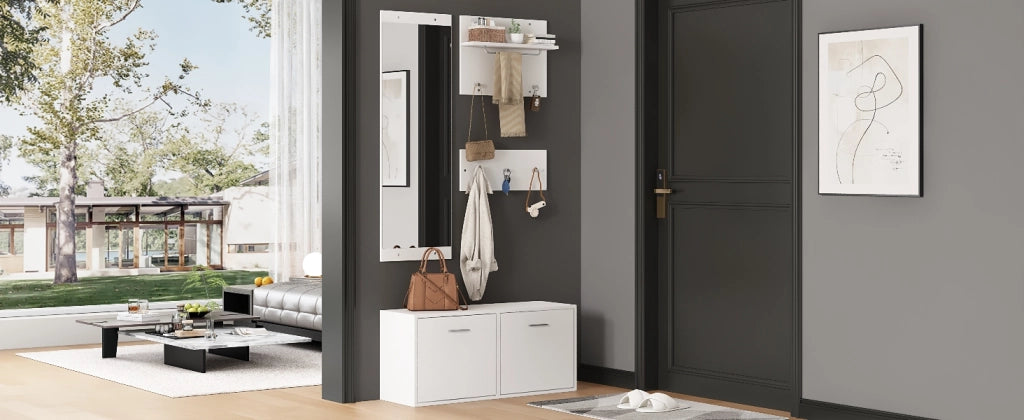 Set da ingresso 4 pezzi con 2 appendiabiti a parete; scarpiera e specchio; truciolato; bianco; 90x30x41;5 cm