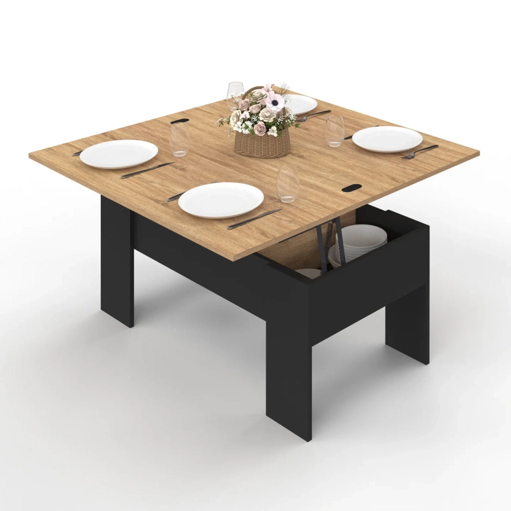 IDMarket - Tavolino rettangolare alzabile TARA in legno nero e finto faggio