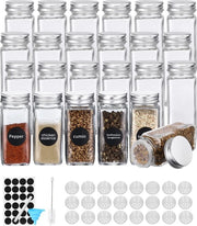 Set di contenitori per erbe, quadrato, confezione da 24, 120 ml, contenitori per erbe con etichette di erbe, pennello bianco per la descrizione degli etichetti, spazzolino per la pulizia e cucchiaio di silicone