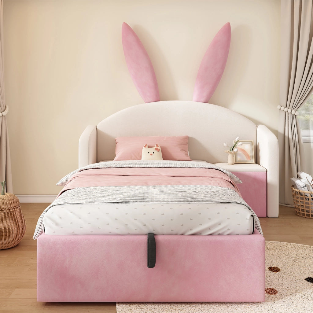 Letto per bambini 90 × 190 cm con testiera a orecchie di coniglio, comodino contenitore, senza materasso, beige e rosa