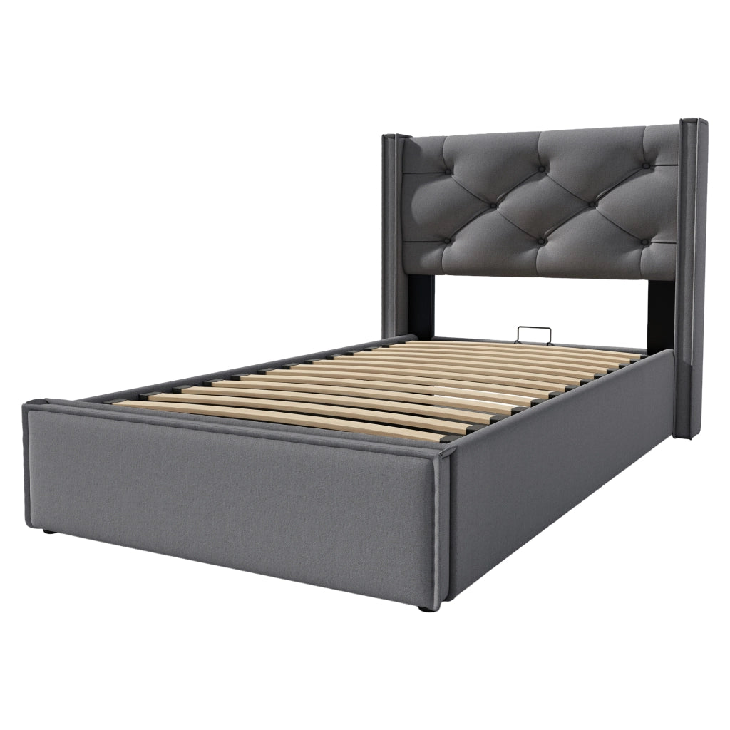 Letto singolo imbottito con contenitore 90x200 cm, testiera capitonné, grigio