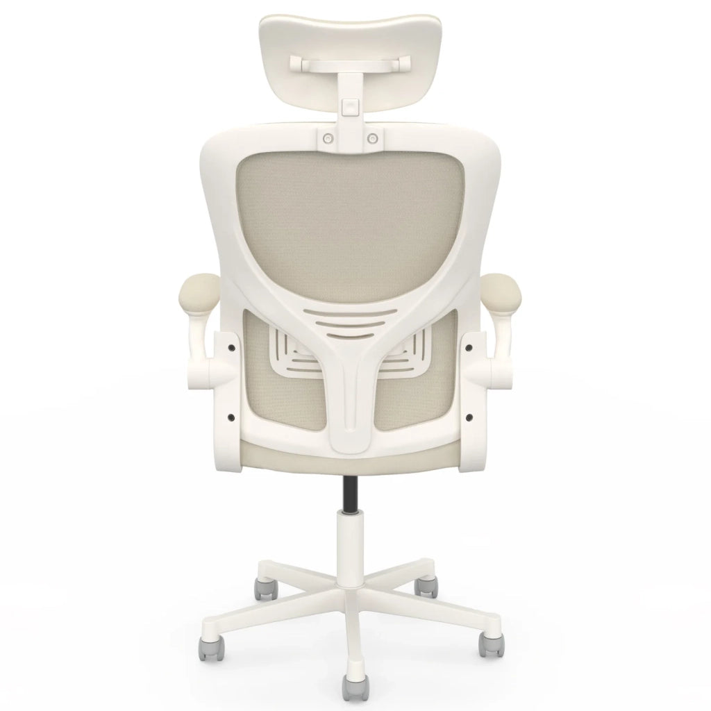 IDMarket - Sedia da ufficio ergonomica JAMES in tessuto traspirante e poggiatesta con rotelle beige e bianche