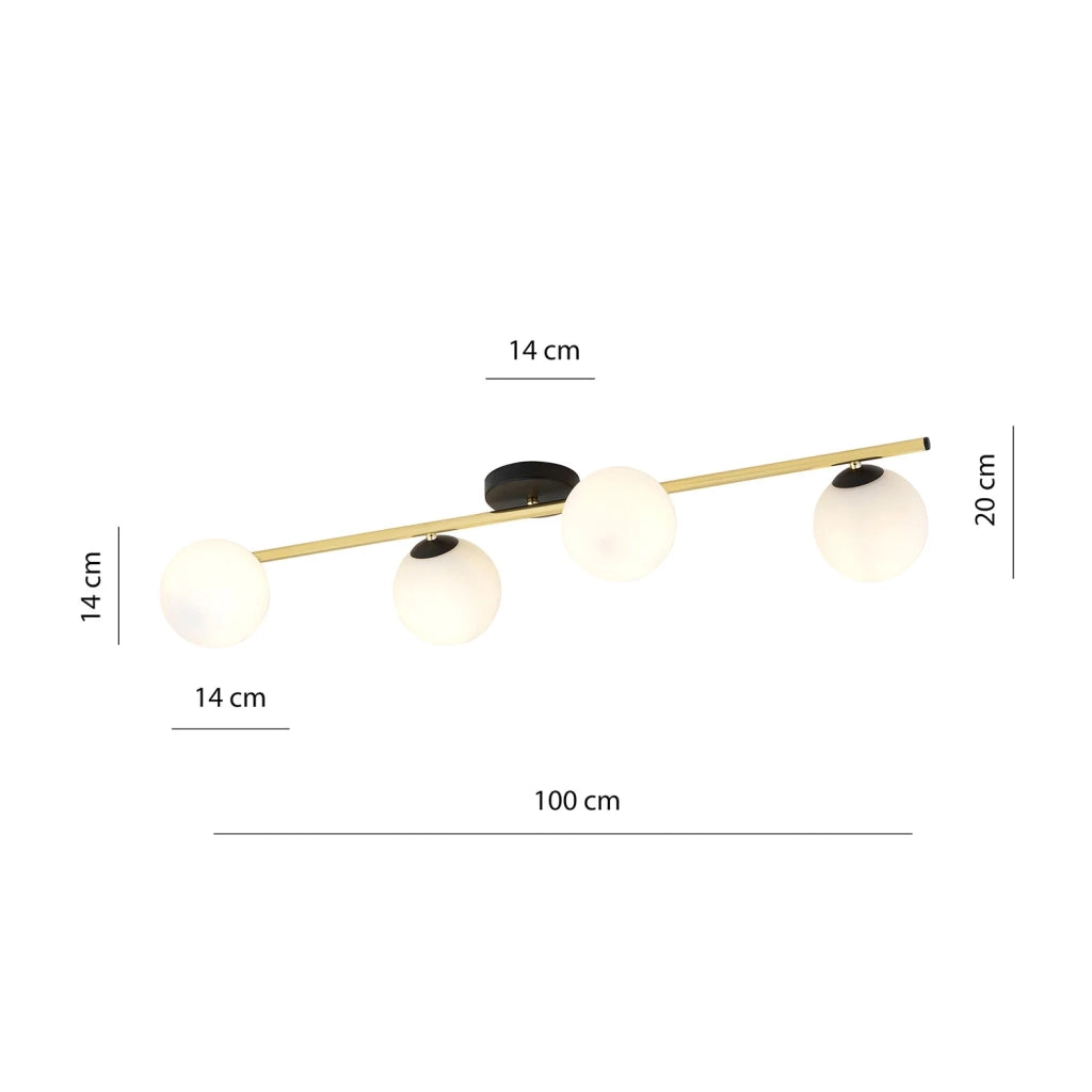 Plafoniera Contemporanea 4 Luci Eracle In Acciaio Oro/Nero E Sfere Vetro Bianco