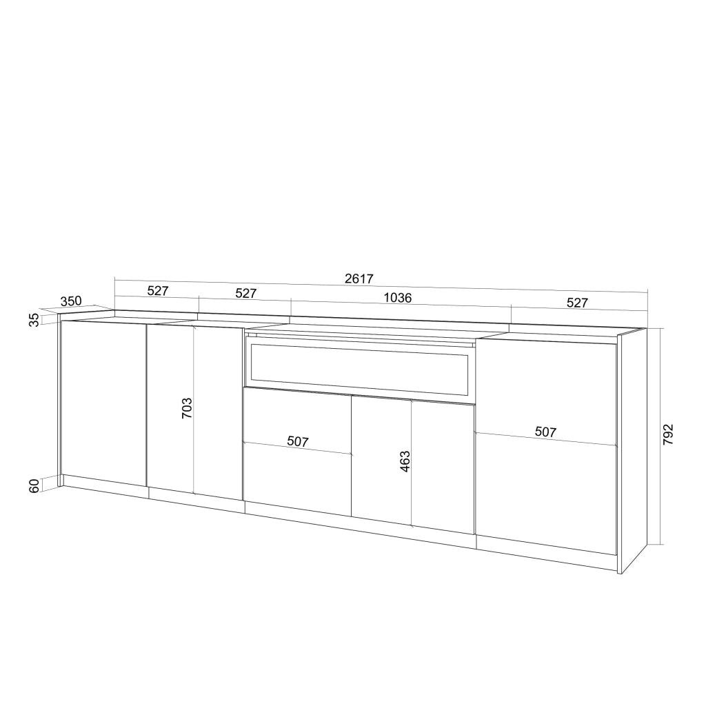 Credenza, Mobile, Cucina, 260x80x37 cm, 5 Porte, Camino elettrico, Nero e rovere
