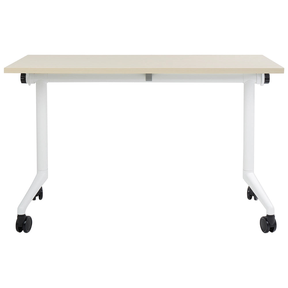 Scrivania rettangolare pieghevole con rotelle portatile con struttura in metallo legno chiaro e bianco 120 x 60 cm stile moderno