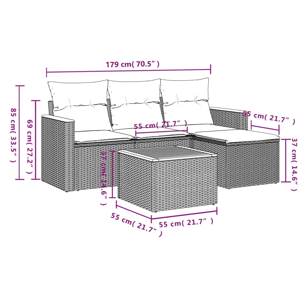 Set Divano da Giardino 5 pz | Set Salotto da Giardino con Cuscini Beige in Polyrattan