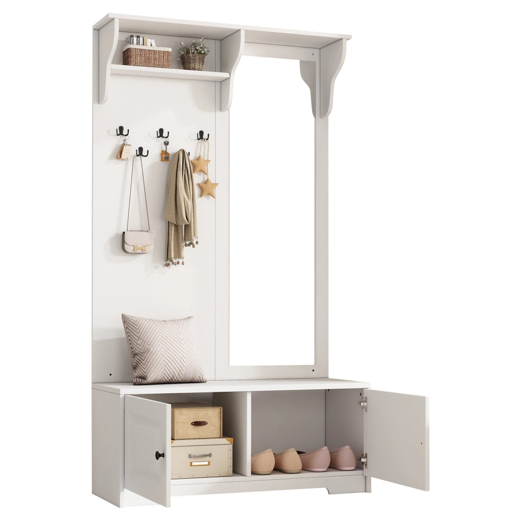 Mobile ingresso con specchio, 5 ganci e 2 vani chiusi, per ingresso, in MDF bianco, 100 × 40 × 180 cm