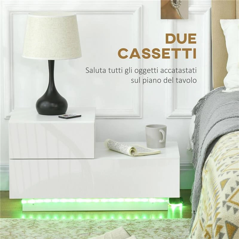COMODINO MODERNO CON 16 LUCI LED RGB, TELECOMANDO E DUE CASSETTI IN TRUCIOLATO, 70X37X38CM, BIANCO