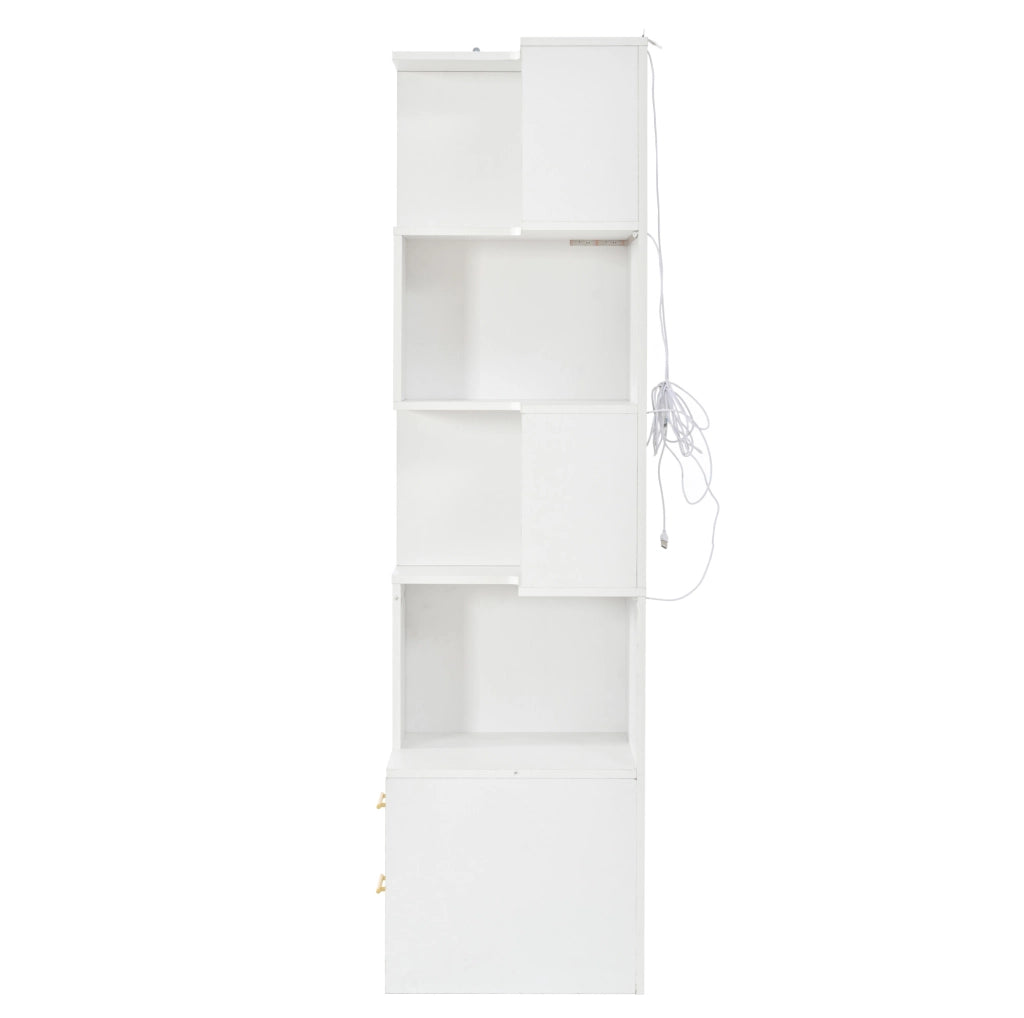 Scaffale angolare bianco con LED, 4 ripiani e 2 cassetti, 165x45x45 cm