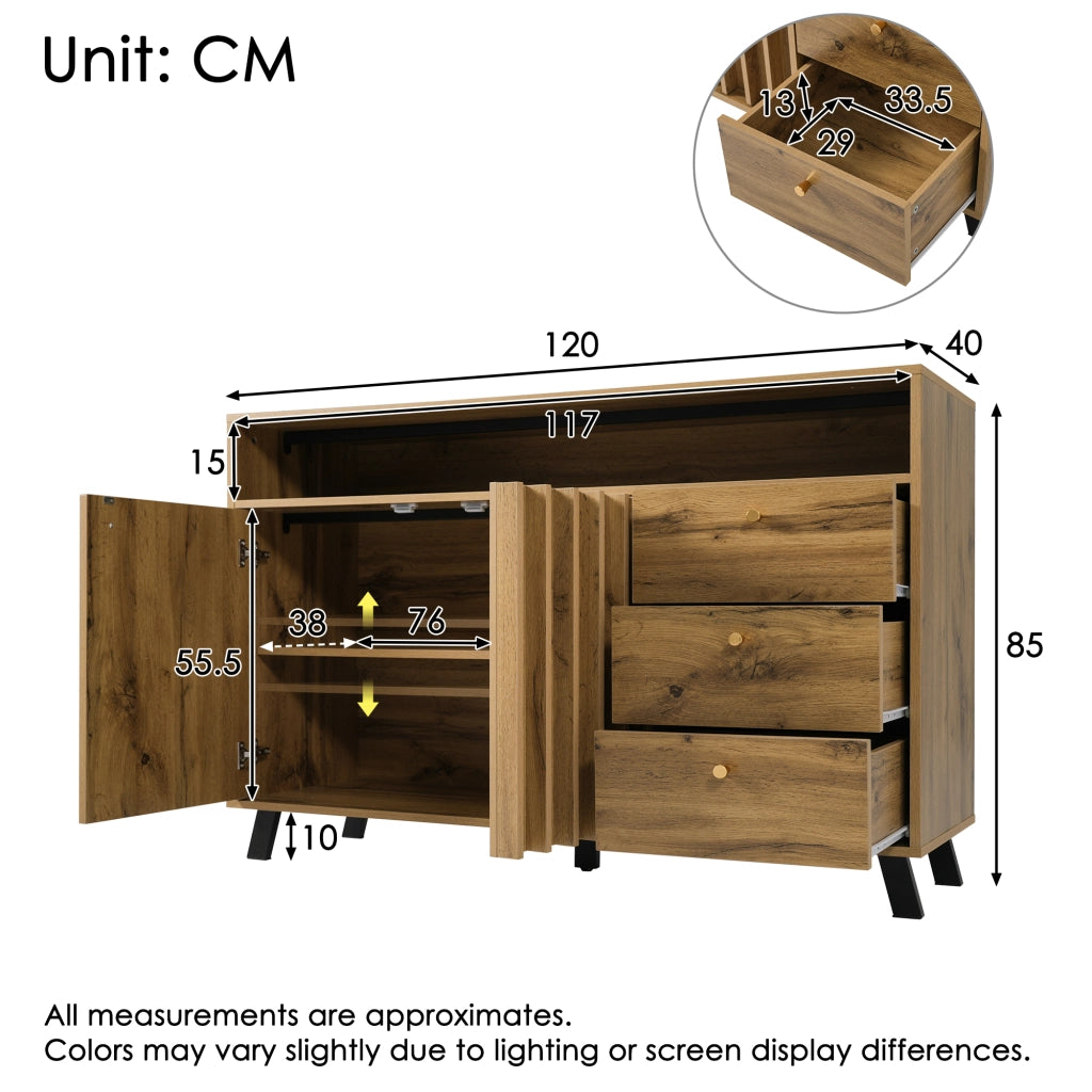 OKWISH Credenza Vintage con 2 Ante 3 Cassetti e Vano Aperto Ripiano Regolabile per Soggiorno Ingresso 120 x 40 x 85 cm