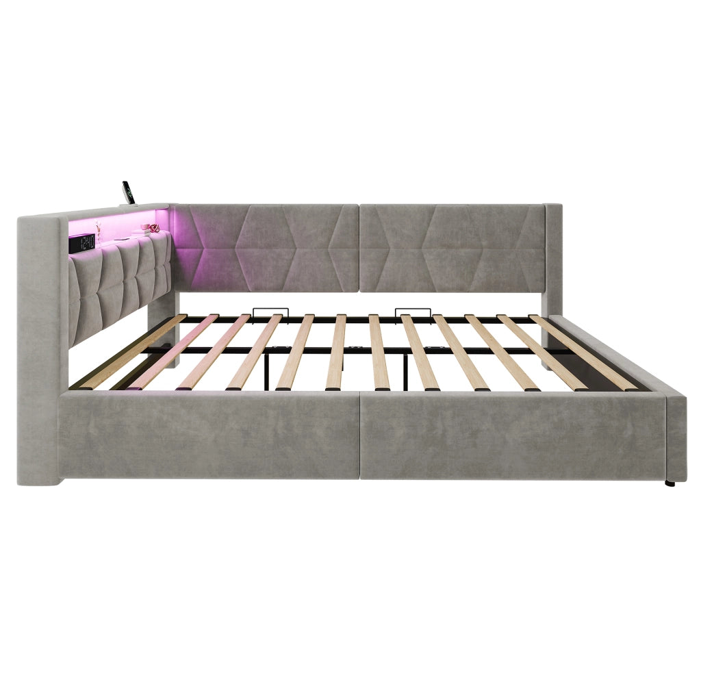 Letto imbottito con contenitore 210x148.5x83 cm con LED; USB e Type-C in velluto e metallo