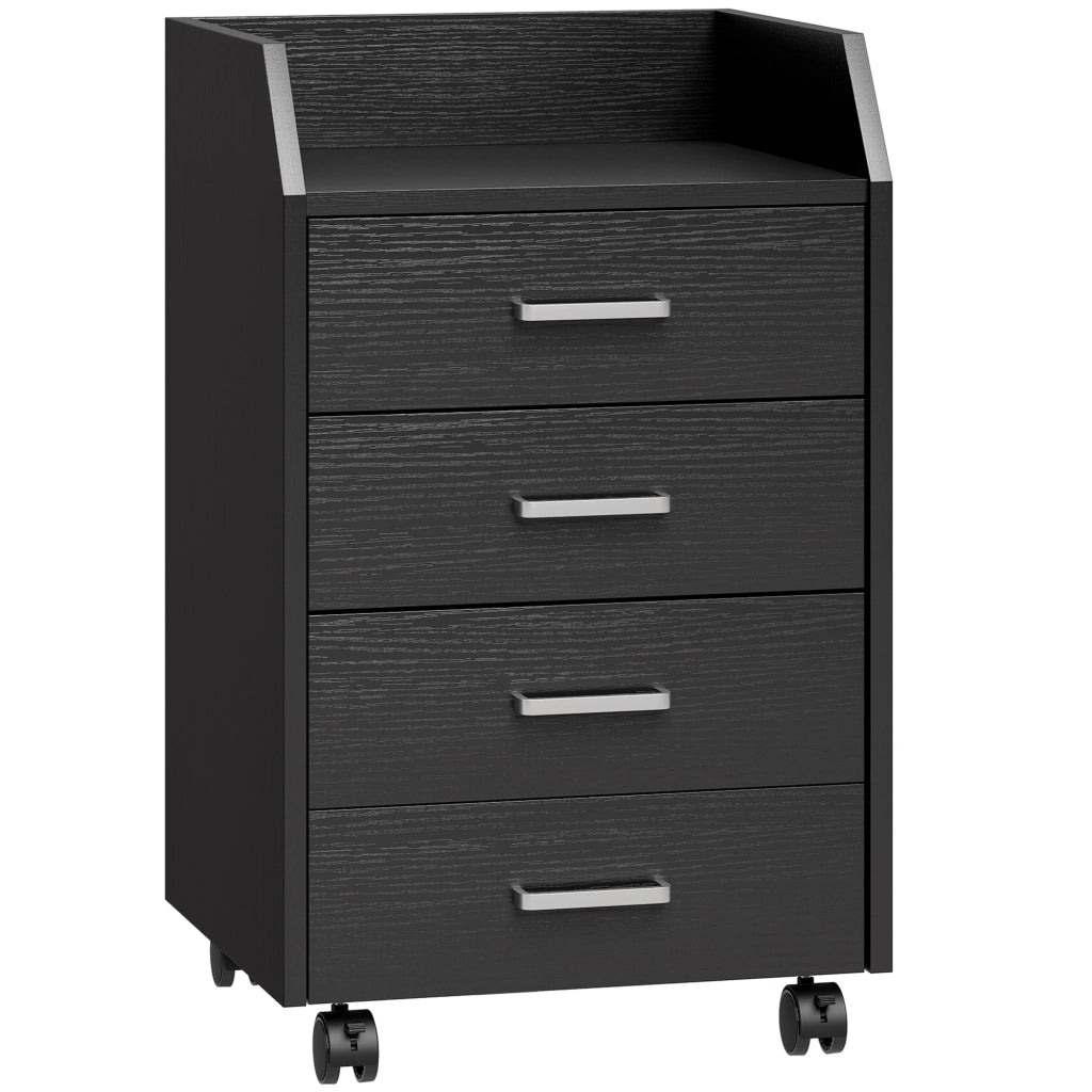 Cassettiera da Ufficio 40x36x65 cm con 4 Cassetti e Ripiano per Stampante su Ruote in MDF Nero