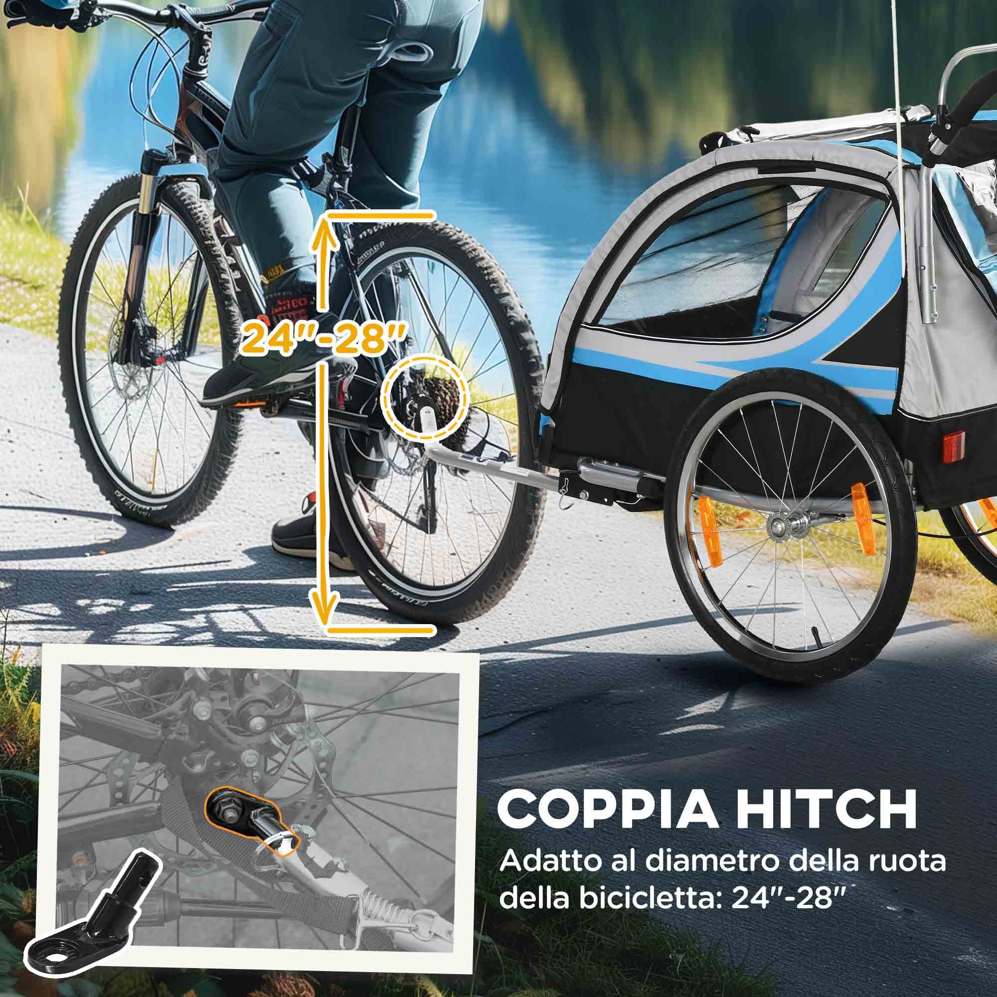Rimorchio Bicicletta per Bambini e Passeggino 2 in 1 con Cintura Tasche e Bandierina Blu