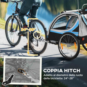 Rimorchio Bicicletta per Bambini e Passeggino 2 in 1 con Cintura Tasche e Bandierina Blu