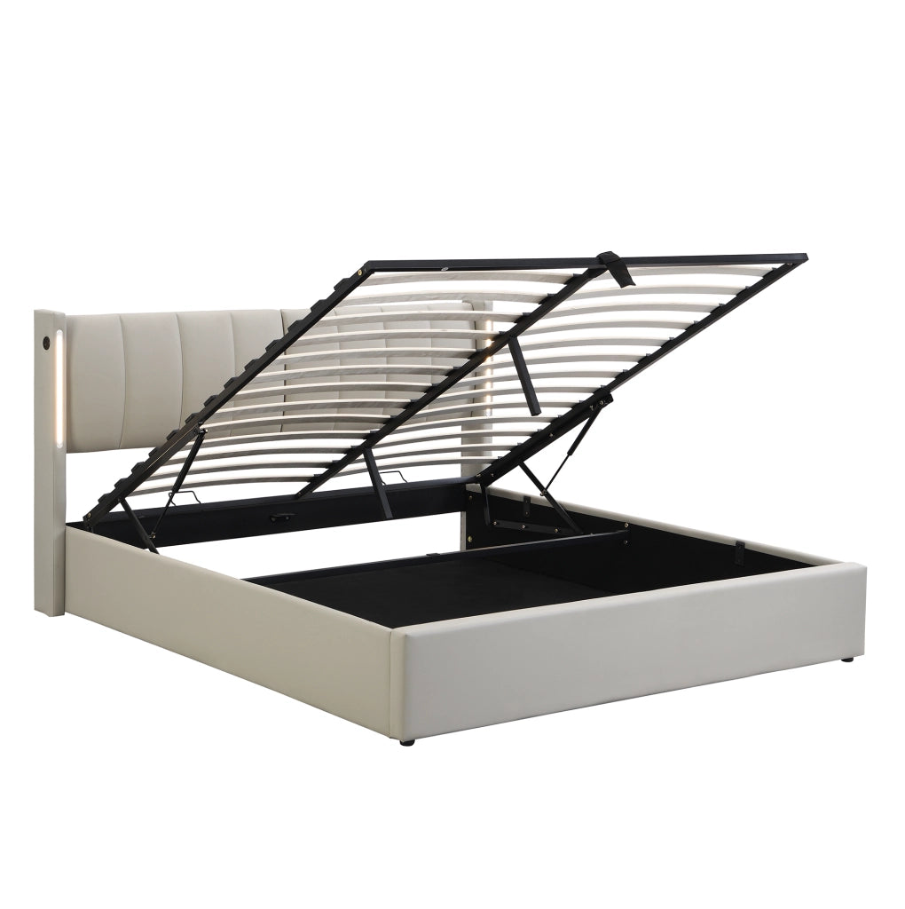 Letto imbottito 140x190 cm con LED; USB Type-C; testiera regolabile; PU grigio