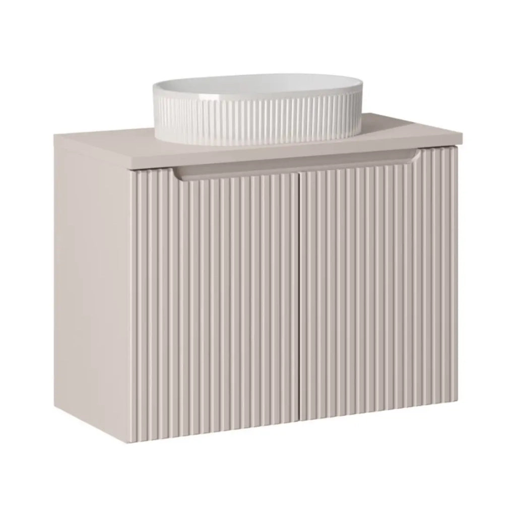 Set VANO cachemire opaco 80 cm: mobile sottolavabo con ante + top per lavabo + lavabo da appoggio bianco scanalato