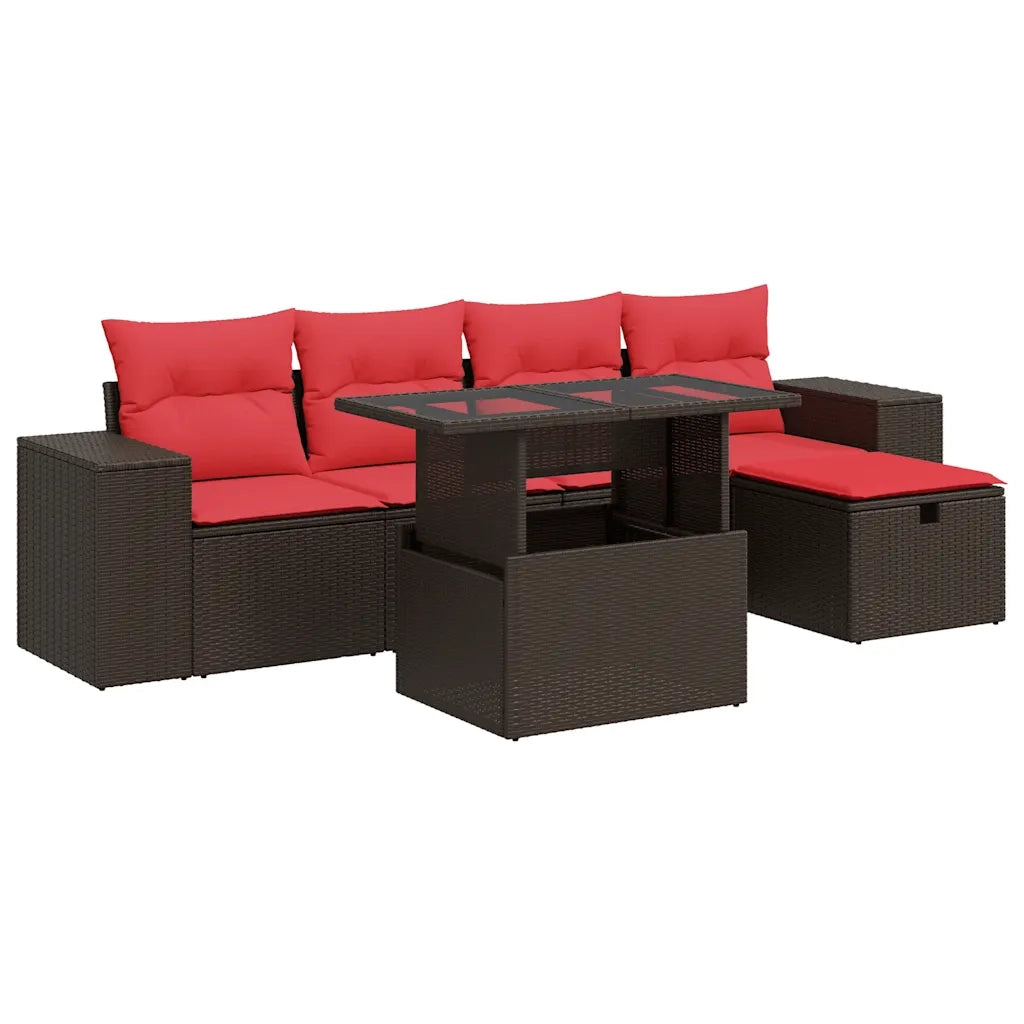 Set Divano da Giardino 6 pz con Cuscini Nero Polyrattan Acacia