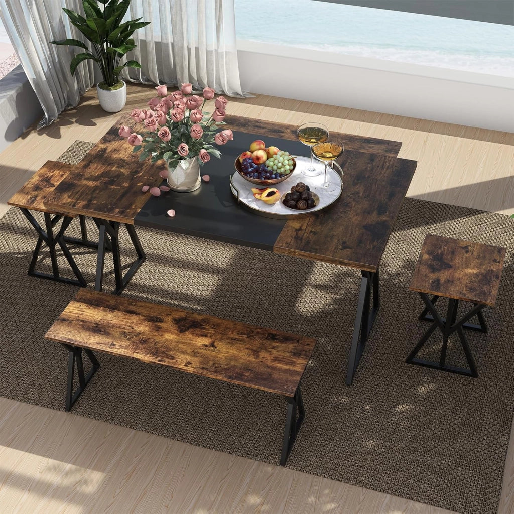 Set da Pranzo 5 Pezzi per 4-6 Persone, Tavoloda Cucina Rettangolare Industriale con 2 Panche e 2 Sgabelli, Set Pranzo Salvaspazio con Struttura in Metallo per Appartamento e Angolo Colazione