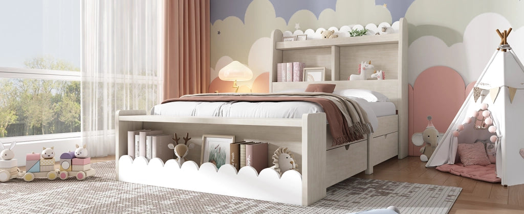 DESMIU Letto per bambini singolo con 2 cassetti, ripiani e panca contenitore 90 × 190 cm, senza materasso, bianco rovere