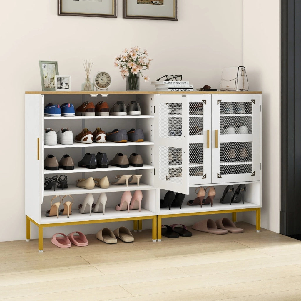 Armadio porta scarpe in legno con mensole regolabili e gambe metallo, Armadio porta scarpe a 5 ripiani con ante rete Bianco-Scarpiere