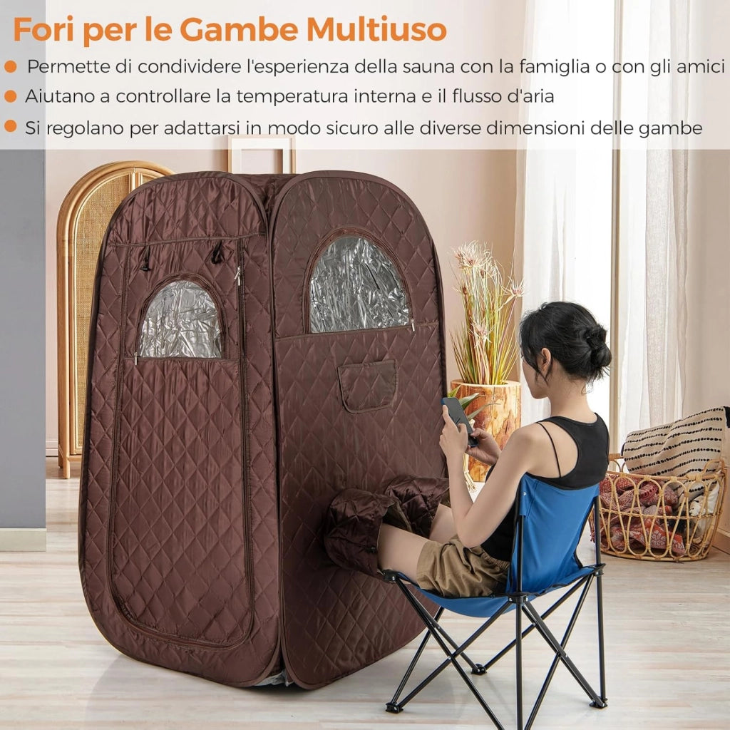 Sauna a Vapore Portatile 3L, Sauna da Casa con 9 Livelli di Regolazione della Temperatura da 40-65℃, Telecomando, Sedia Pieghevole e Massaggiatore per Piedi in Legno (caffè)