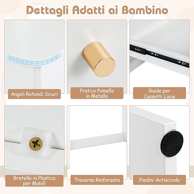 Scrivania in Legno 80 x 48 x 102 cm per Bambini 3+ Anni, Scrivania Cameretta Bambina con 5 Mensole, 1 Cassetto, Spazio di Lavoro e Angoli Arrotondati, Ideale per Studio e Disegno (Bianco)