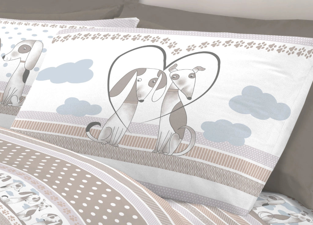 Completo Lenzuola Letto Pensieri Delicati 100% Cotone Dis. Bau Bau - Piazza E Mezza - Grigio