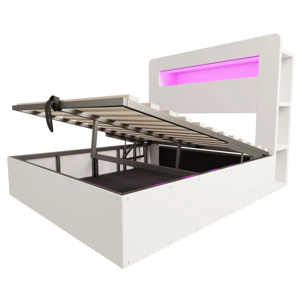 Letto contenitore matrimoniale 140x200 cm in legno bianco con sistema di sollevamento idraulico; LED e prese integrate