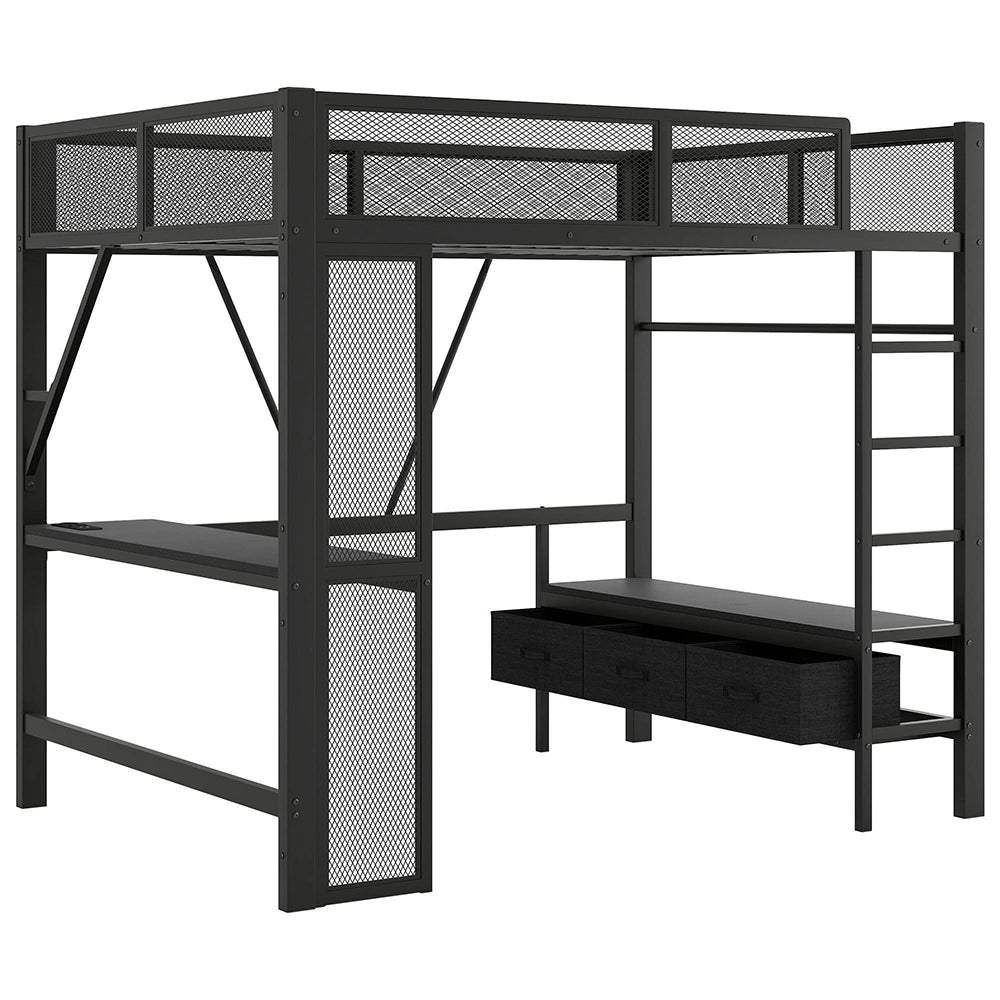 Letto mezzanino 140x200cm - Xylo - USB LED scrivania 3 cassetti nero