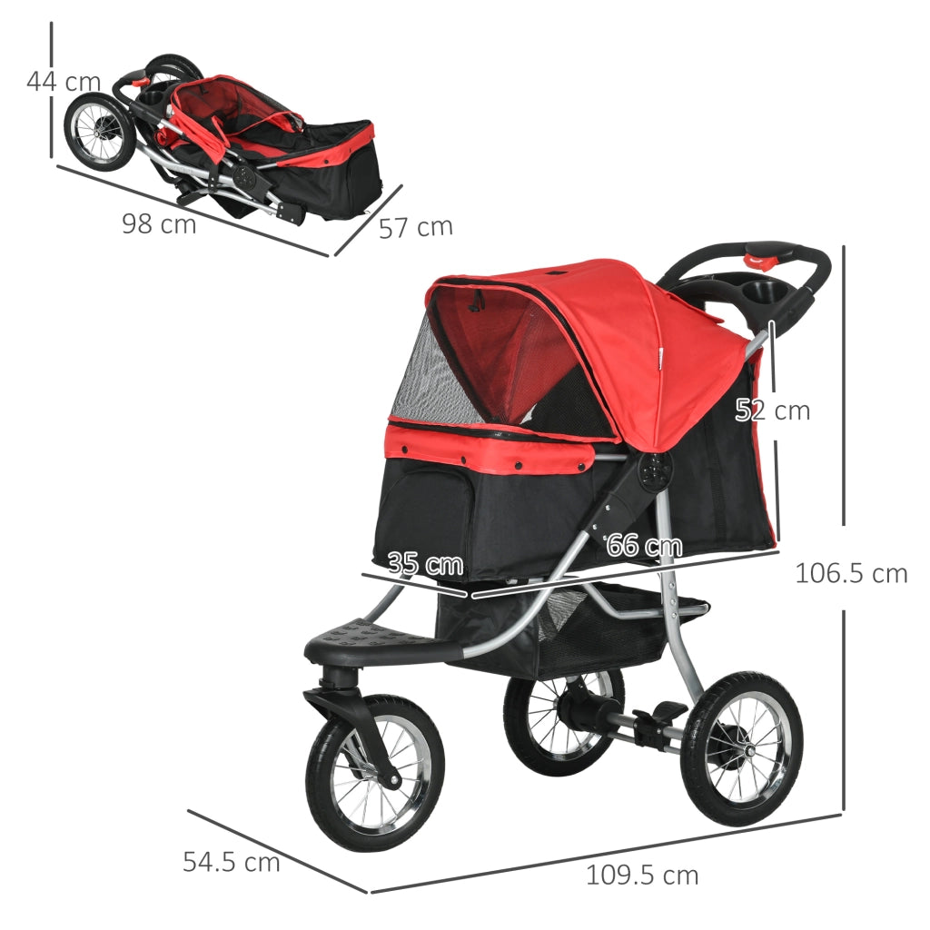 Carrello pieghevole per animali con 3 ruote, reti con zip, telo 600D Oxford, rosso