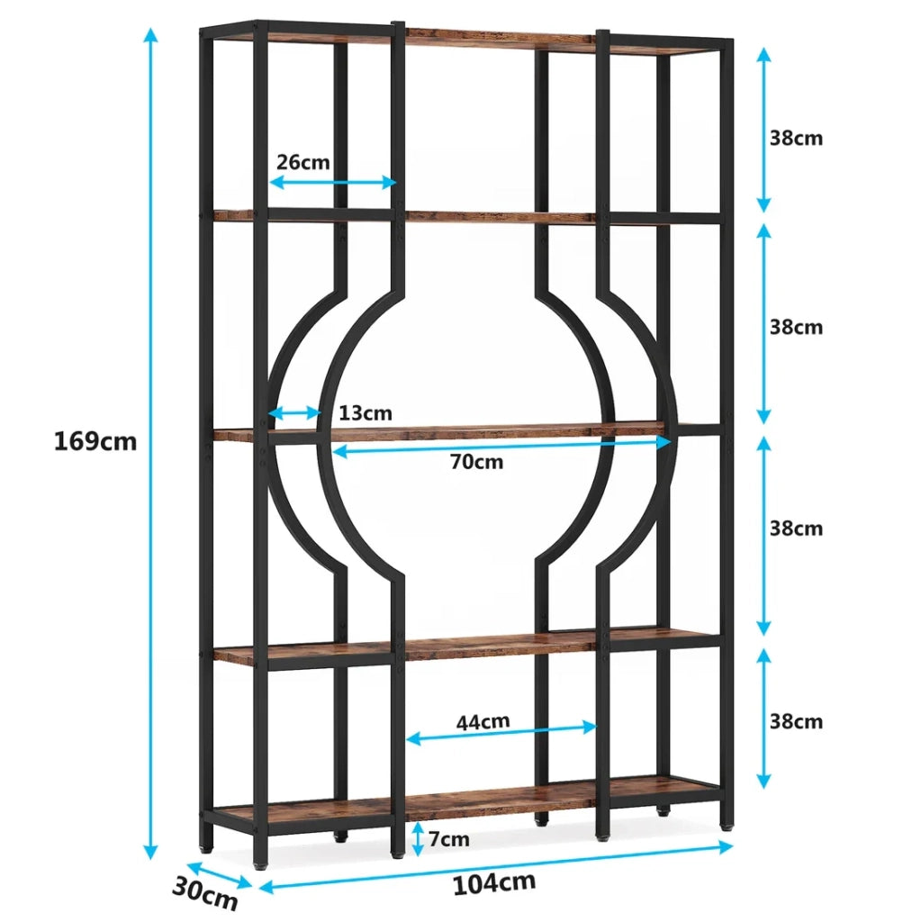 Libreria a 5 ripiani in metallo nero e MDF marrone rustico