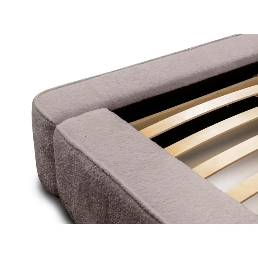 Letto contenitore VELORA – Taupe rosato bouclé – 140x200 cm – Tessuto velluto morbido – Rete sollevabile – Contenitore integrato